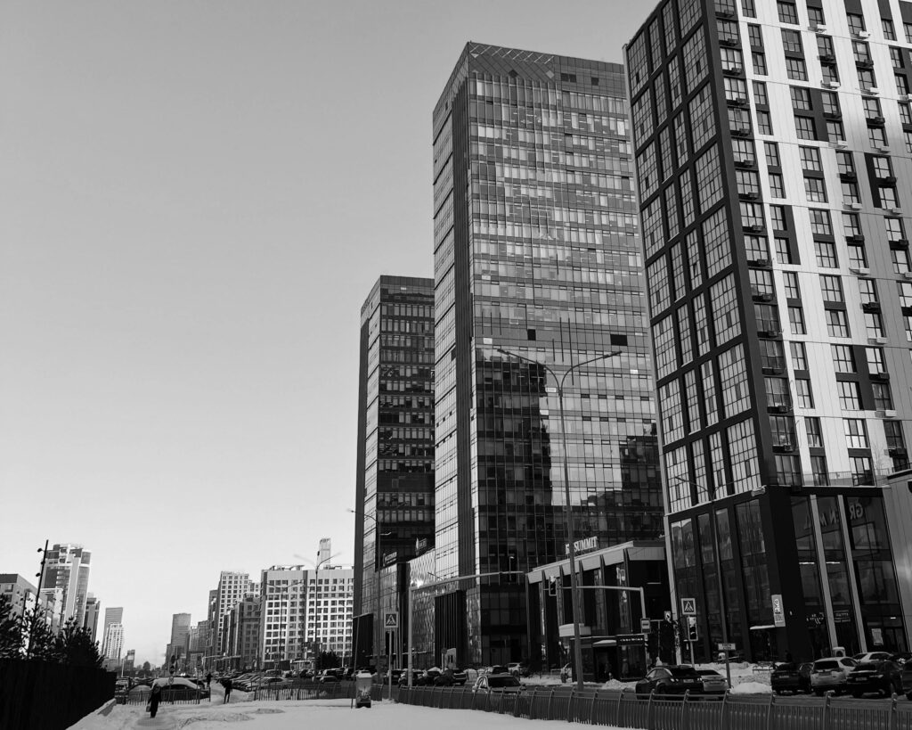 Black and white cityscape of modern skyscrapers in Astana, Kazakhstan.